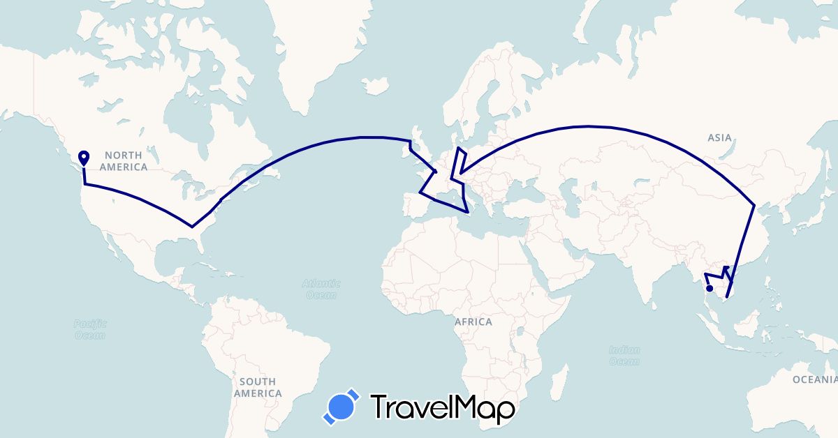 TravelMap itinerary: driving in Canada, Switzerland, China, Germany, Spain, France, United Kingdom, Ireland, Italy, Laos, Thailand, United States, Vietnam (Asia, Europe, North America)